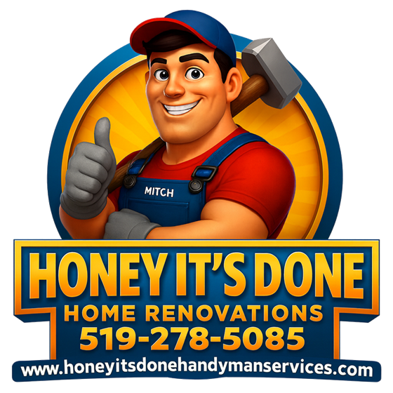 Honey It's Done Handyman Services logo with Mitch mascot and phone number 519-278-5085, call now for a free quote