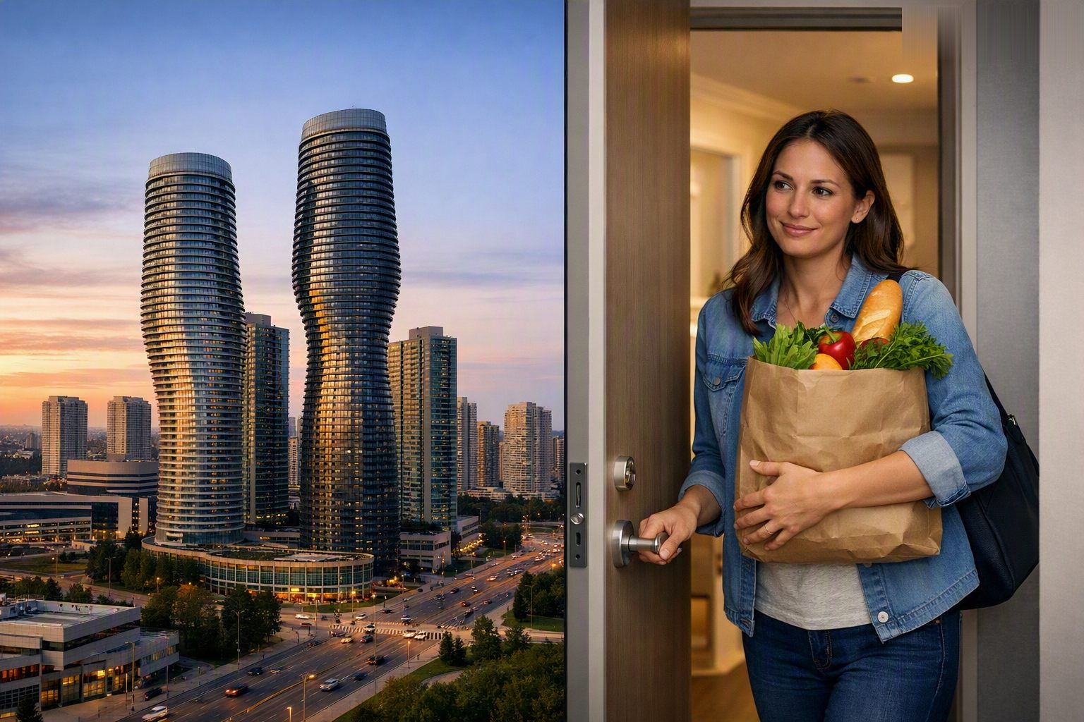 Tenant arriving home with groceries at a managed rental apartment at dusk, condo towers and city traffic beyond, rental property management, tenant turnover and on-call repairs from Honey It's Done