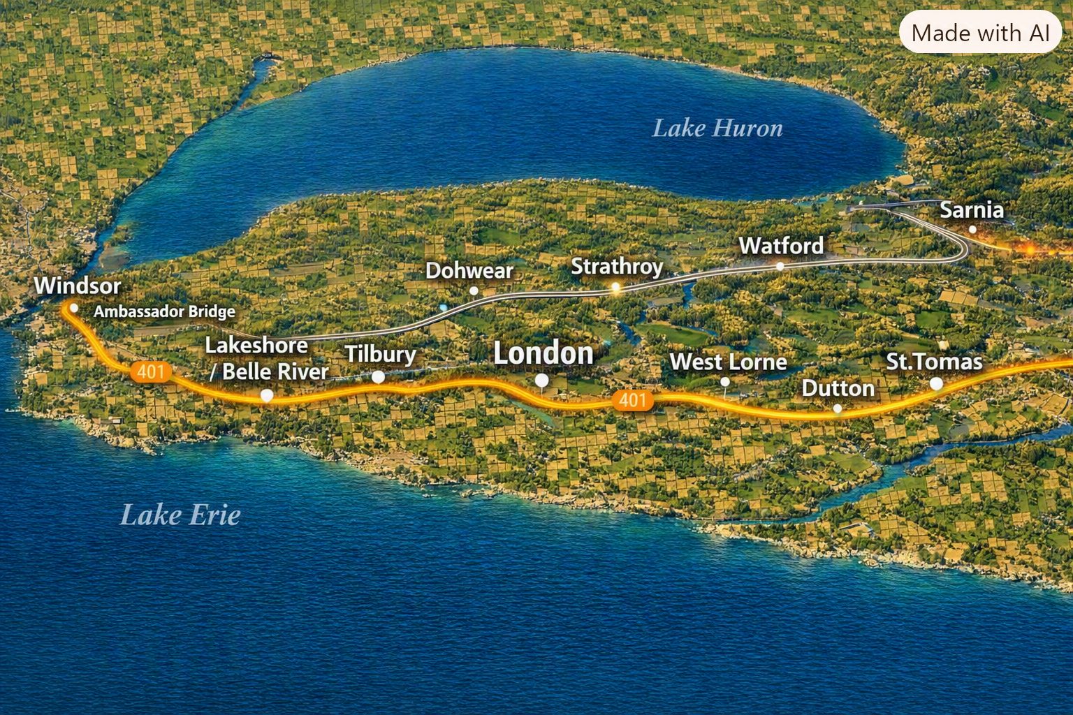 Aerial service area map showing the Highway 401 corridor from Windsor and the Ambassador Bridge through Lakeshore, Tilbury, Chatham, Strathroy, London and St. Thomas between Lake Erie and Lake Huron in southwestern Ontario
