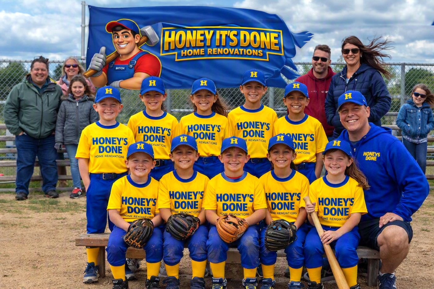 Honey It's Done Handyman Services sponsored youth ball team in yellow and blue jerseys with their coach and families at the diamond, local community sponsorship in southwestern Ontario