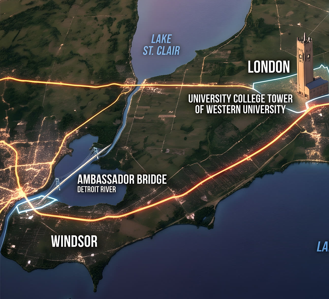 Dusk aerial view from Windsor to London showing the Ambassador Bridge over the Detroit River, Lake St. Clair, city lights along the 401 corridor and the University College tower at Western University