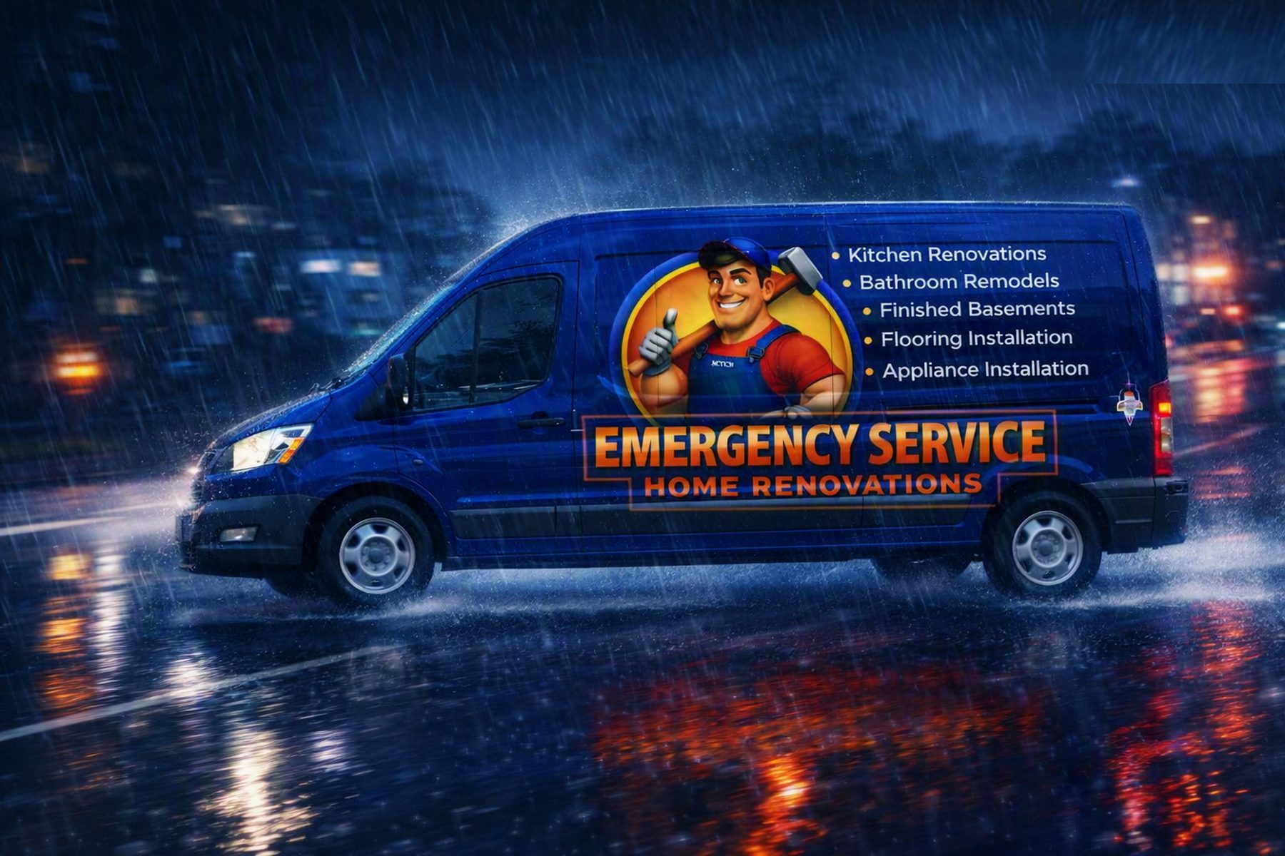Honey It's Done emergency service van driving through heavy overnight rain on a Windsor street, lit by streetlights, ready for burst pipe and flood call-outs