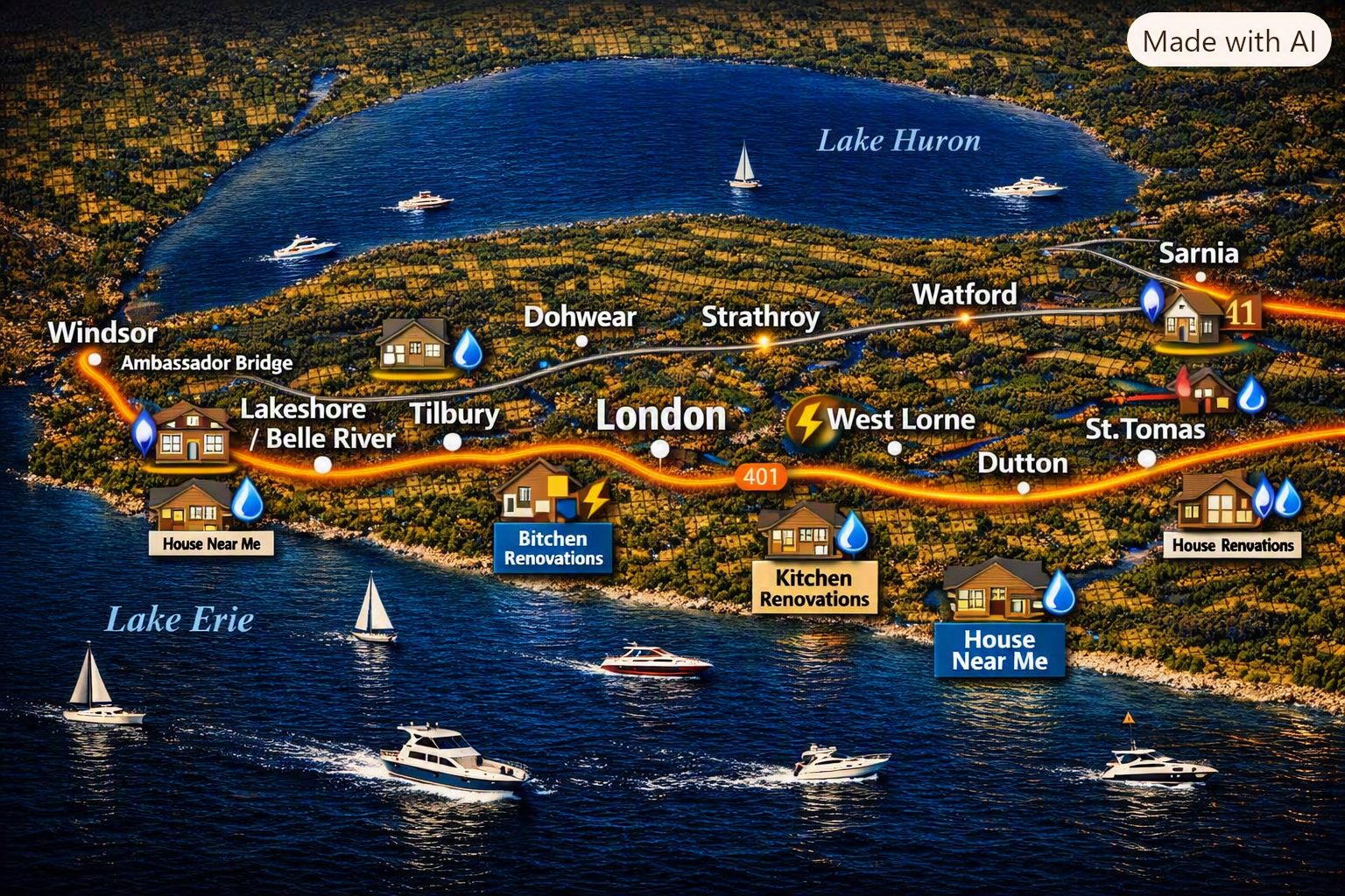 Illustrated map of southwestern Ontario handyman service coverage from Windsor to Sarnia and London, showing house icons, plumbing and electrical symbols along the 401 corridor between Lake Erie and Lake Huron