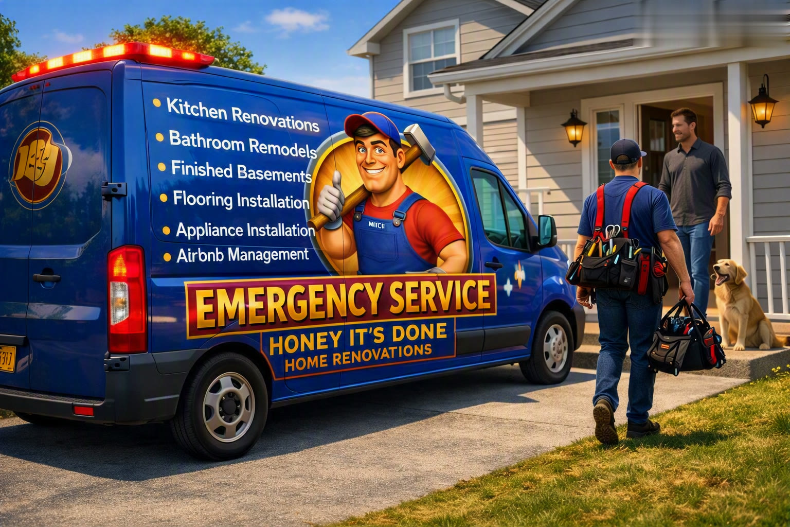Licensed insured Honey It's Done handyman service van parked in a residential driveway in Windsor Ontario with a technician carrying tools to the front door