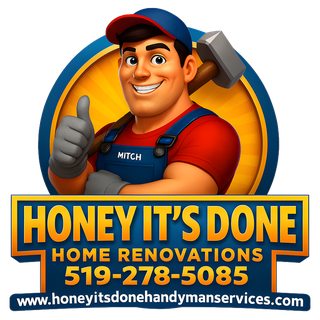 Mitch the Honey It's Done mascot, a cartoon handyman in blue overalls and red shirt holding a hammer and giving a thumbs up