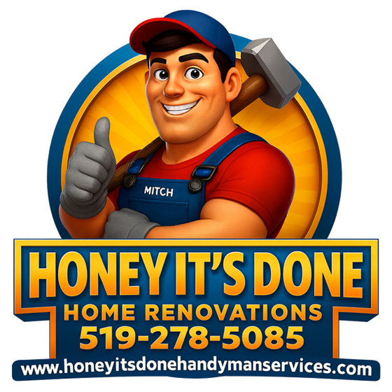 Honey It's Done Handyman Services logo with Mitch mascot and phone number 519-278-5085, call now for a free quote