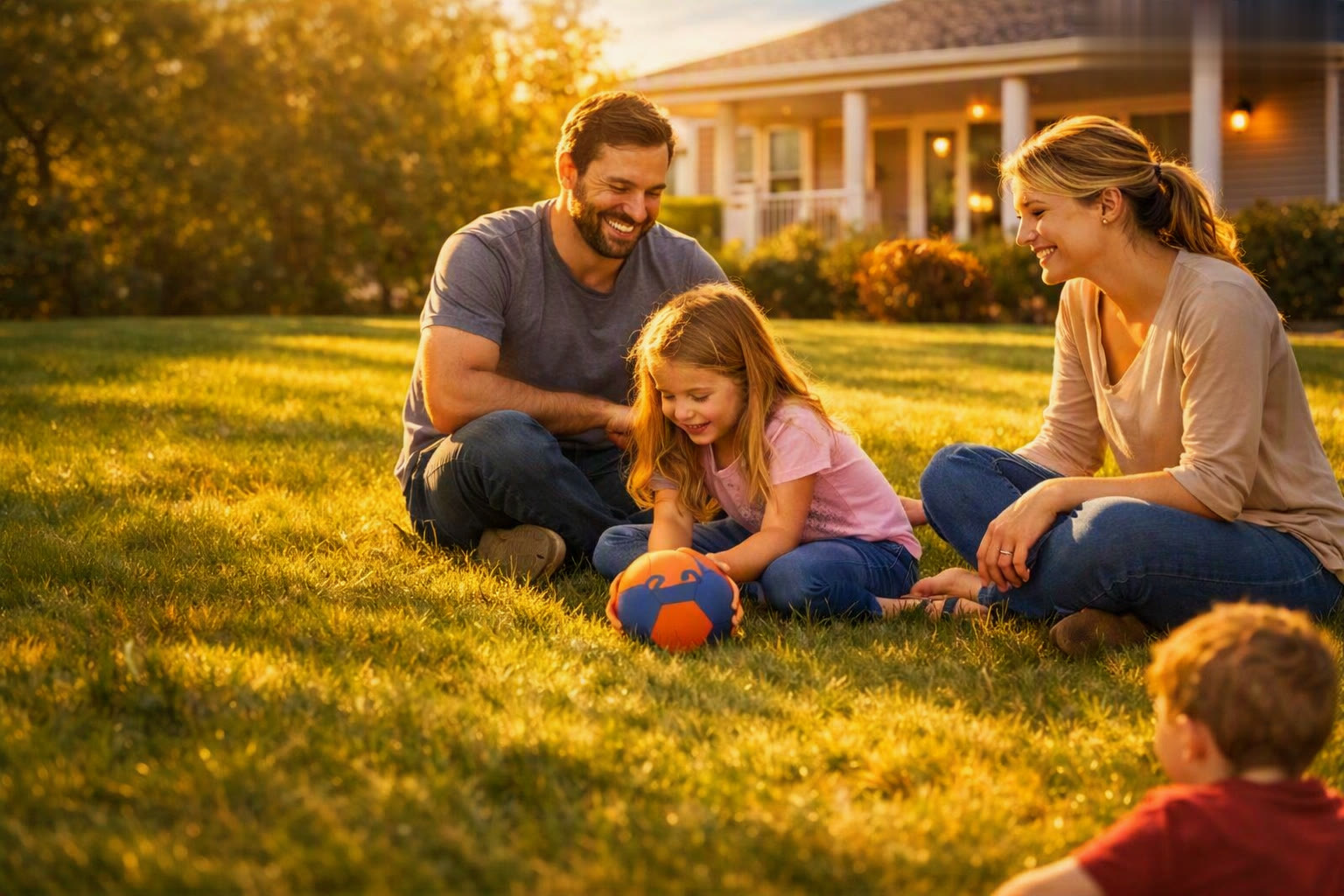 Family relaxing on the front lawn of their well-maintained home at golden hour, trusted reliable renovation contractor in southwestern Ontario