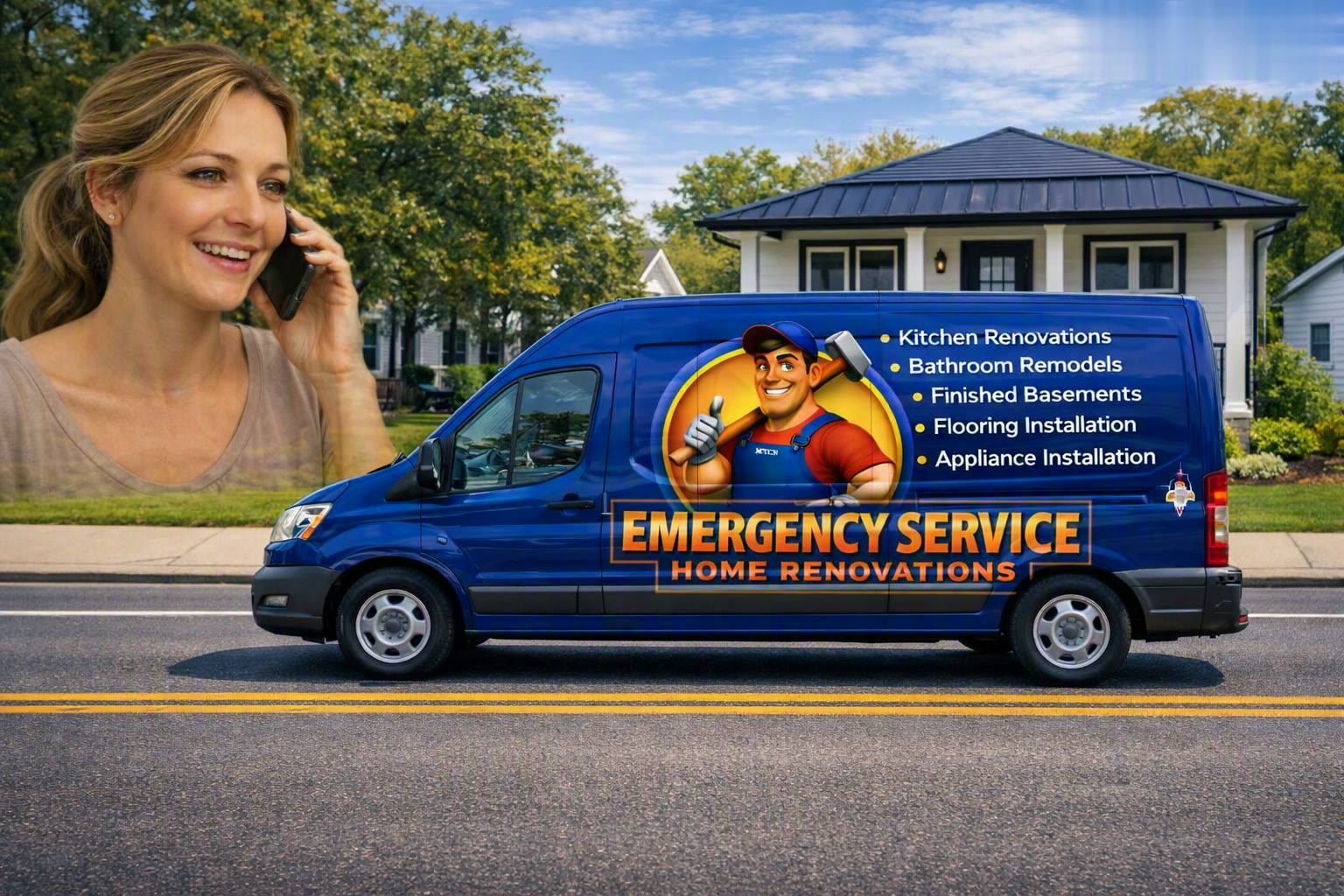 Customer calling for a free handyman quote while the Honey It's Done service van is parked outside a home in Essex County Ontario
